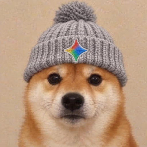 Shiba Inu wearing a grey knitted beanie with a rainbow gem